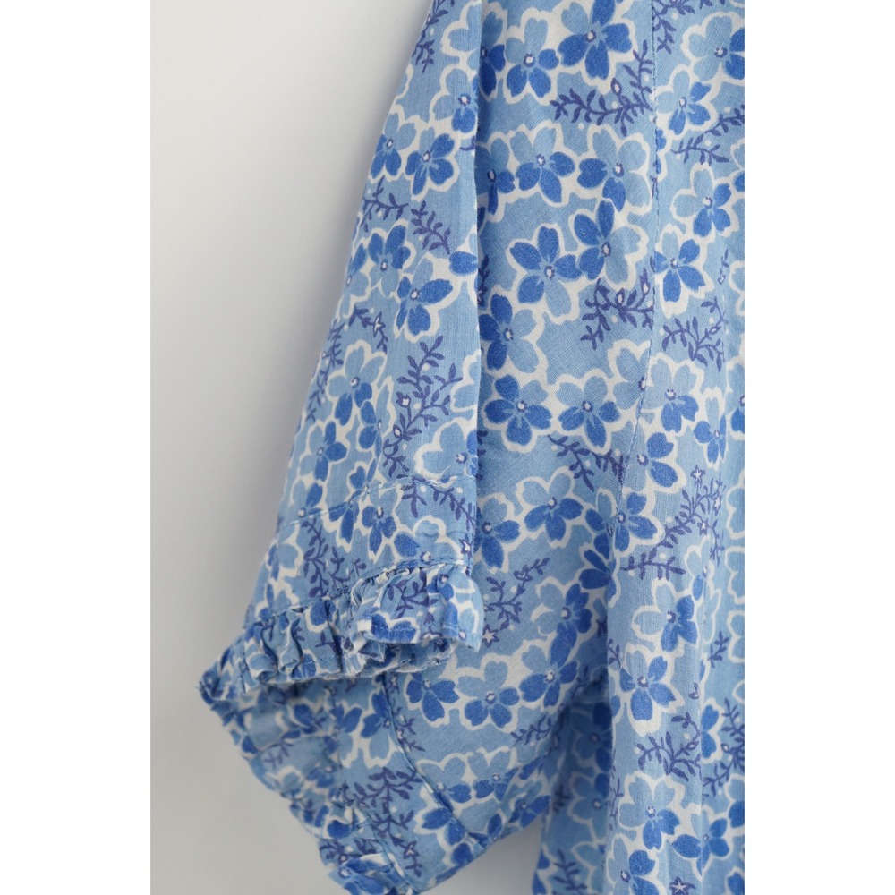 Banjanan Floral Blouse L Blue Cotton Ruffle Neck Short Sleeve Excellent - Picture 4 of 7
